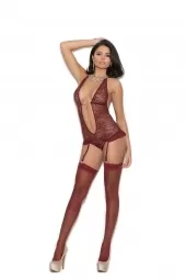 Elegant Moments 7252 Lace Halter Style Teddiette With Ultra Deep V Neckline