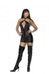 Elegant Moments V8166 Vinyl And Fishnet Mini Dress With Keyhole Front